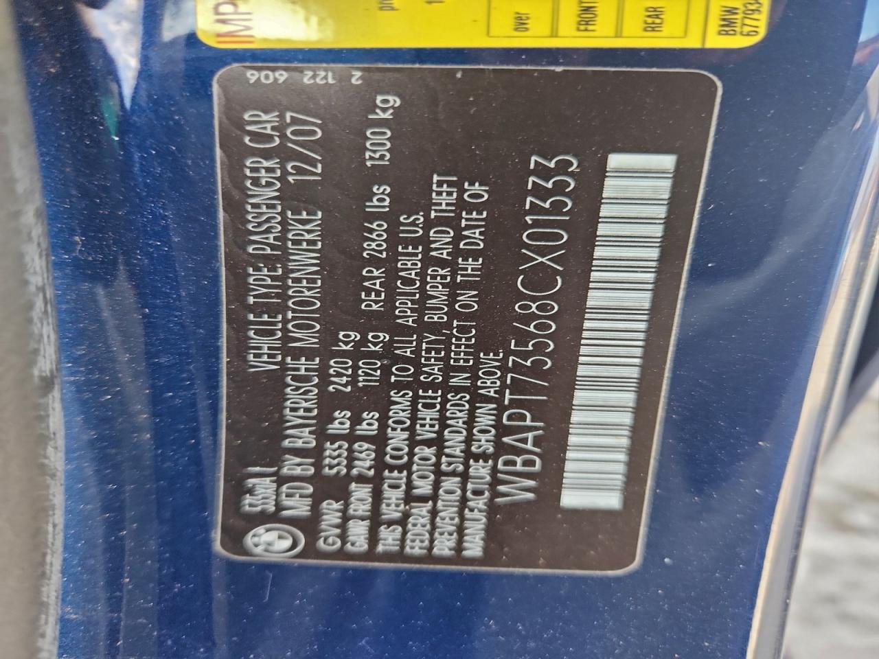 2008 BMW 535 Xi VIN: WBAPT73568CX01333 Lot: 93638315