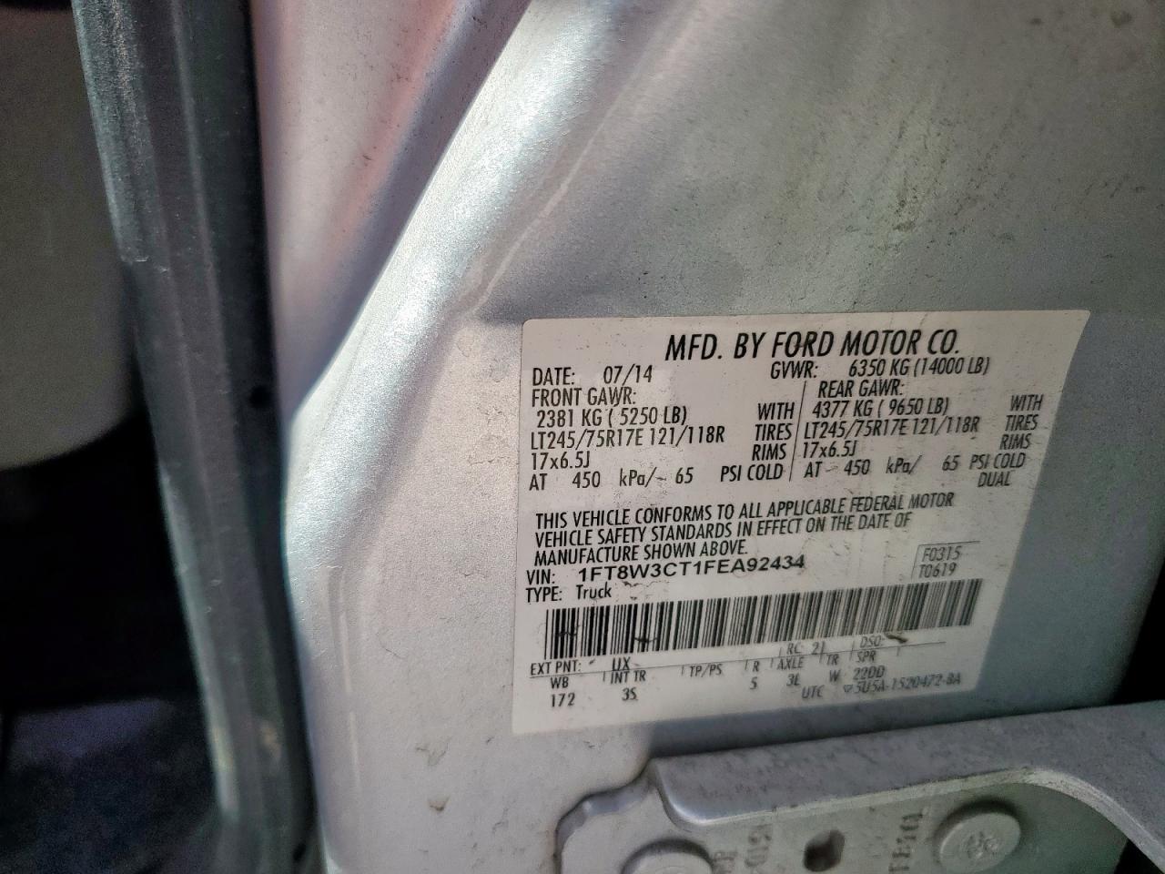 2015 Ford F350 Super Duty VIN: 1FT8W3CT1FEA92434 Lot: 91774815