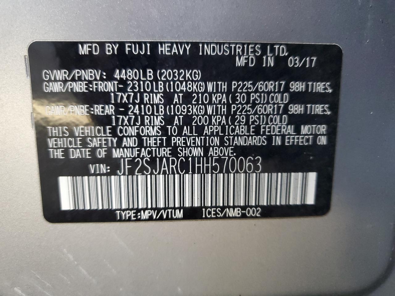 2017 Subaru Forester 2.5I Limited VIN: JF2SJARC1HH570063 Lot: 91445025