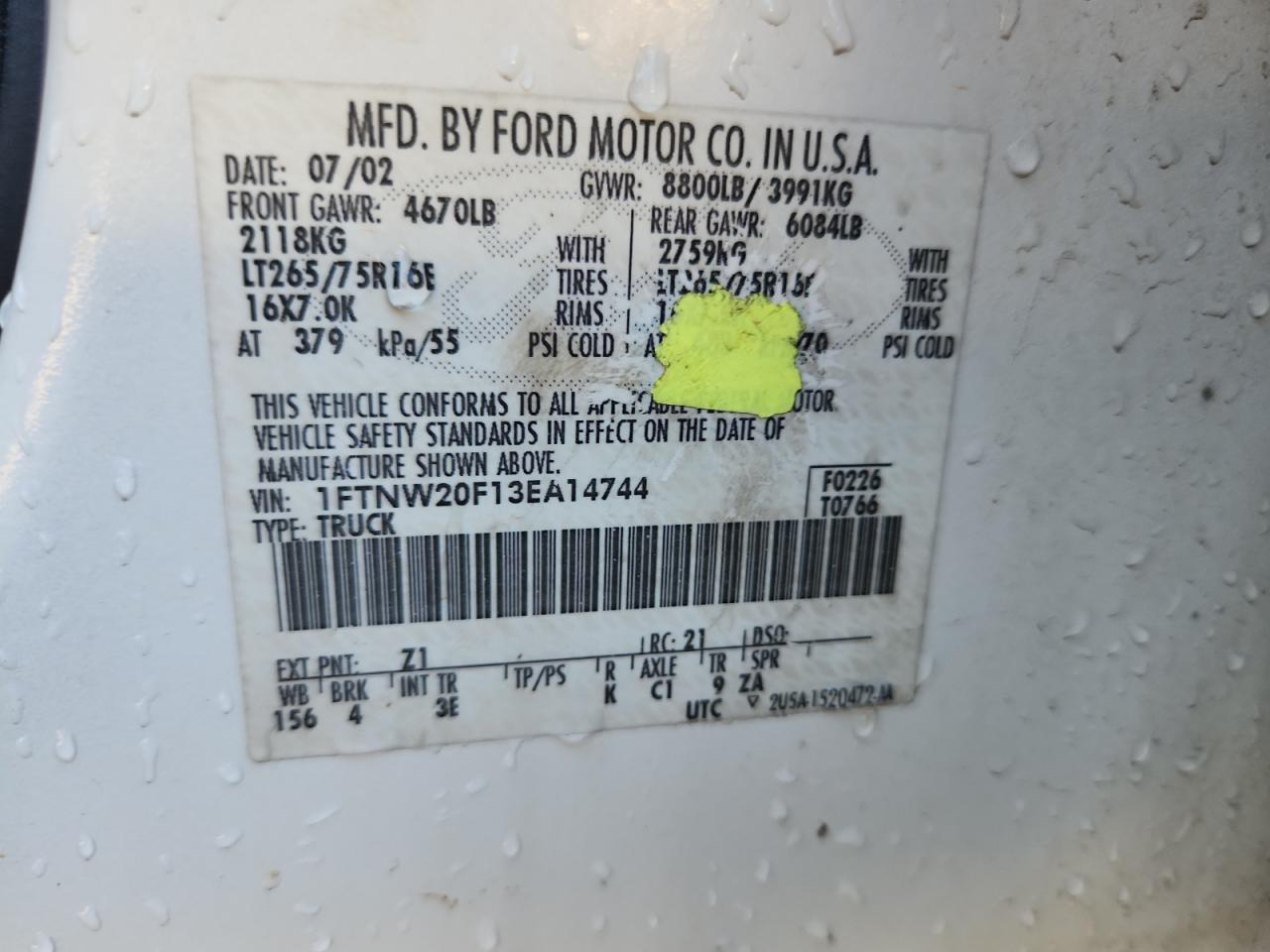 2003 Ford F250 Super Duty VIN: 1FTNW20F13EA14744 Lot: 93087075