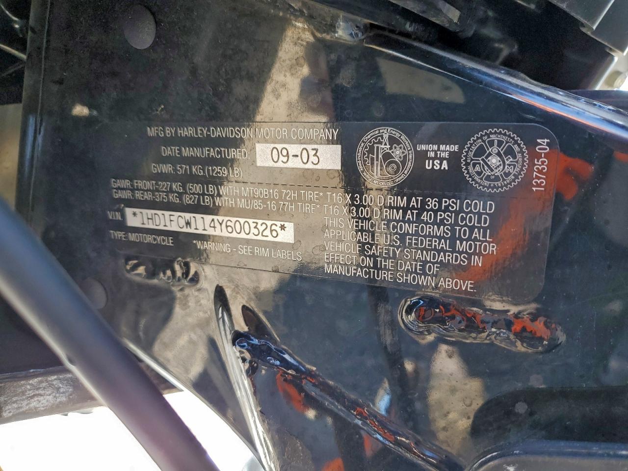 2004 Harley-Davidson Flhtcui VIN: 1HD1FCW114Y600326 Lot: 94156825