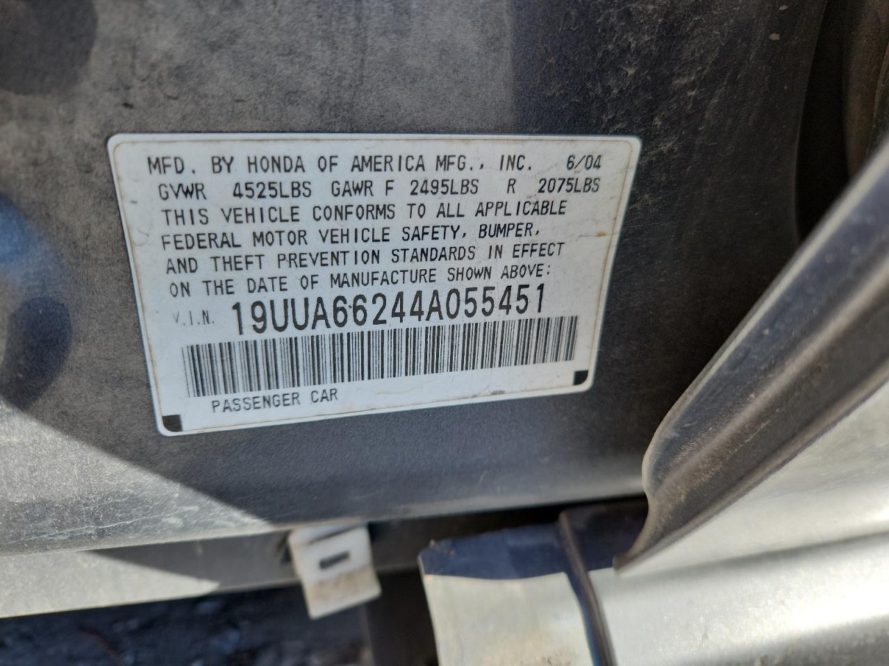 2004 Acura Tl VIN: 19UUA66244A055451 Lot: 92574505