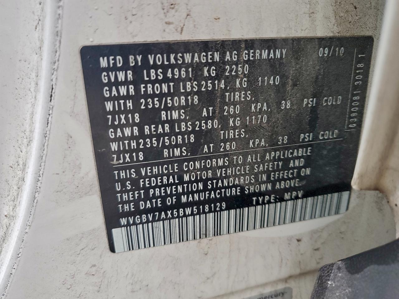 2011 Volkswagen Tiguan S VIN: WVGBV7AX5BW518129 Lot: 93824655