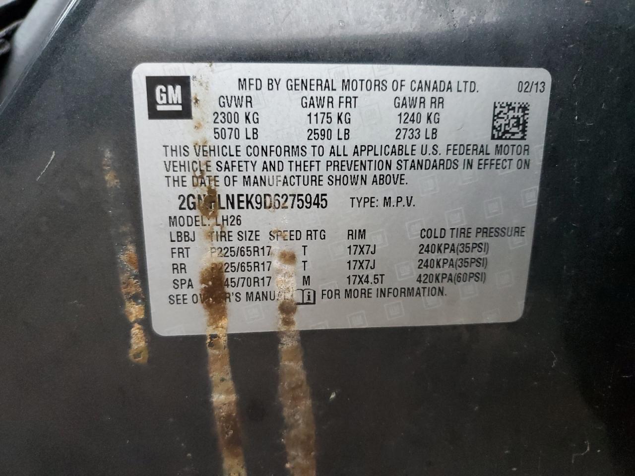 2013 Chevrolet Equinox Lt VIN: 2GNFLNEK9D6275945 Lot: 93359485