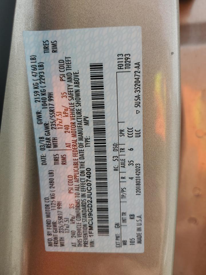 2018 Ford Escape Se VIN: 1FMCU9GD2JUC07400 Lot: 92992845