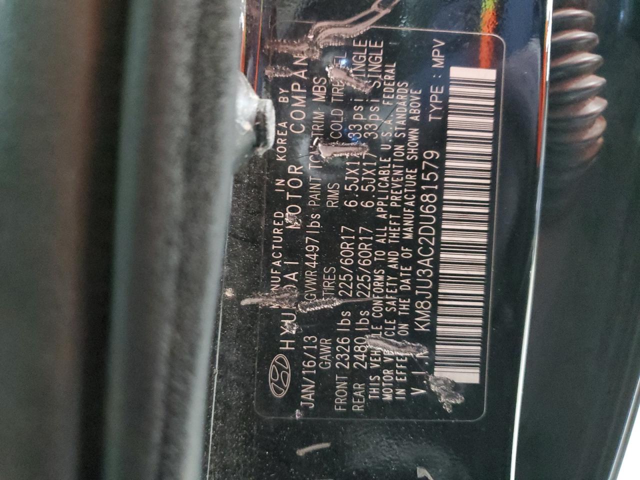 2013 Hyundai Tucson Gls VIN: KM8JU3AC2DU681579 Lot: 91782605