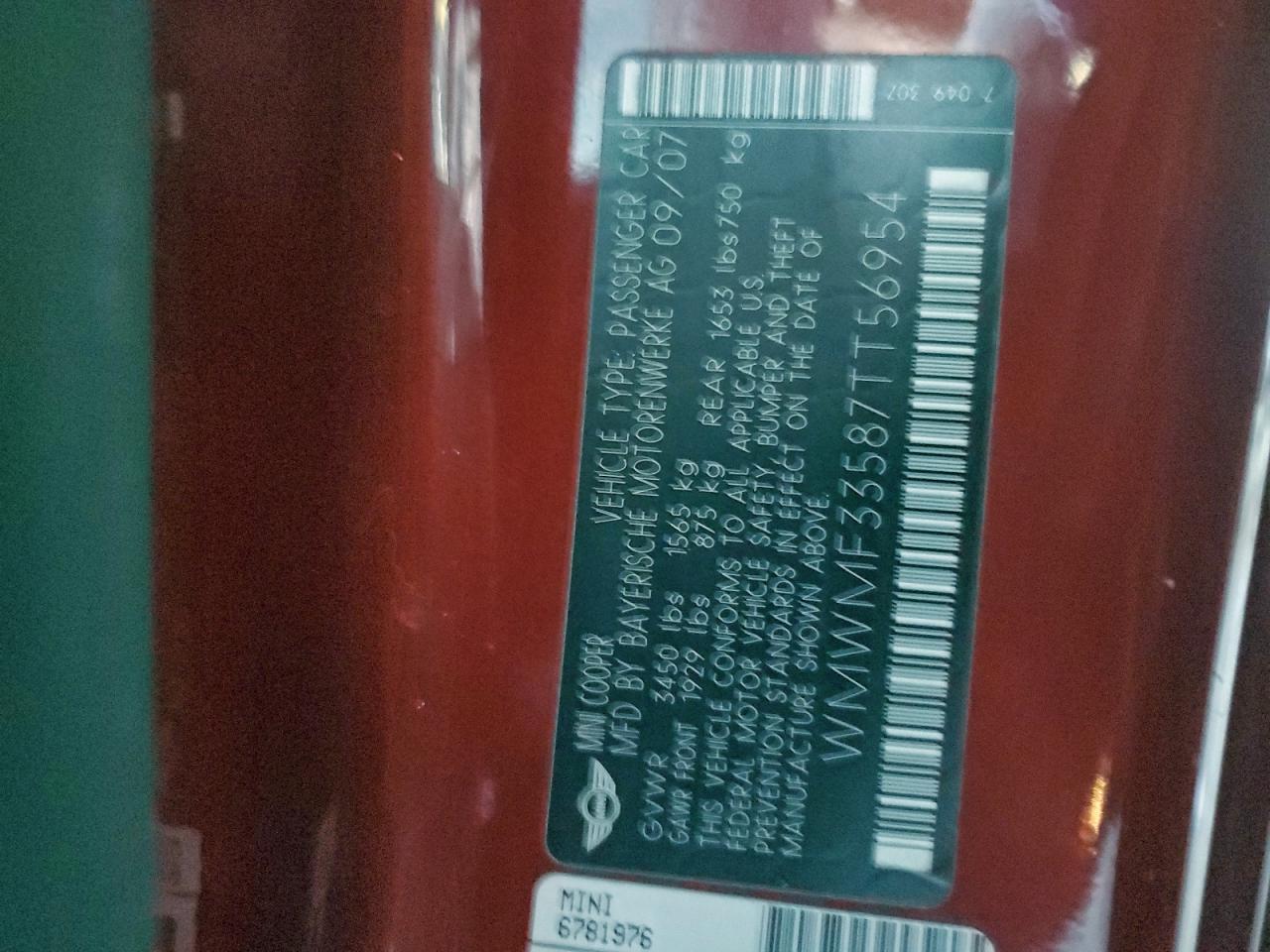 2007 Mini Cooper VIN: WMWMF33587TT56954 Lot: 93967245