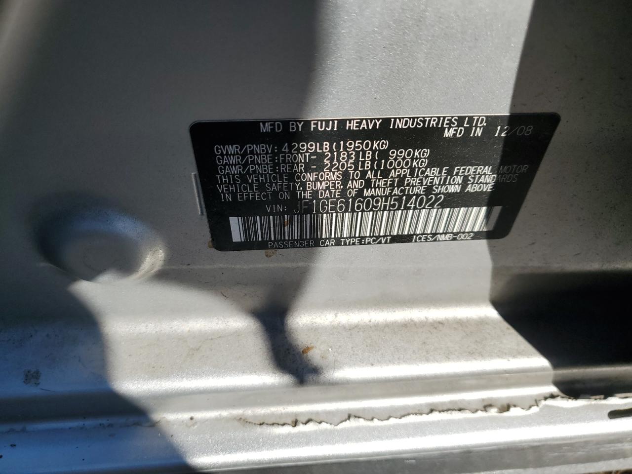 2009 Subaru Impreza 2.5I VIN: JF1GE61609H514022 Lot: 91480145