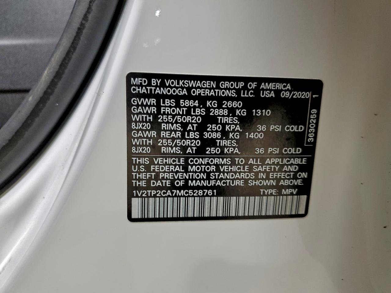 2021 Volkswagen Atlas Sel Premium VIN: 1V2TP2CA7MC528761 Lot: 93778735