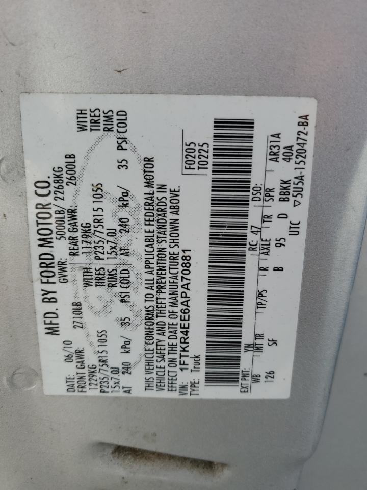 2010 Ford Ranger Super Cab VIN: 1FTKR4EE6APA70881 Lot: 90908585