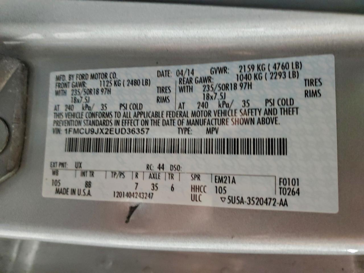 2014 Ford Escape Titanium VIN: 1FMCU9JX2EUD36357 Lot: 94454235