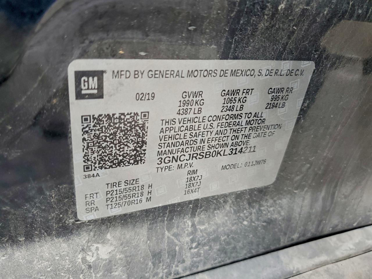 2019 Chevrolet Trax Premier VIN: 3GNCJRSB0KL314211 Lot: 93448235