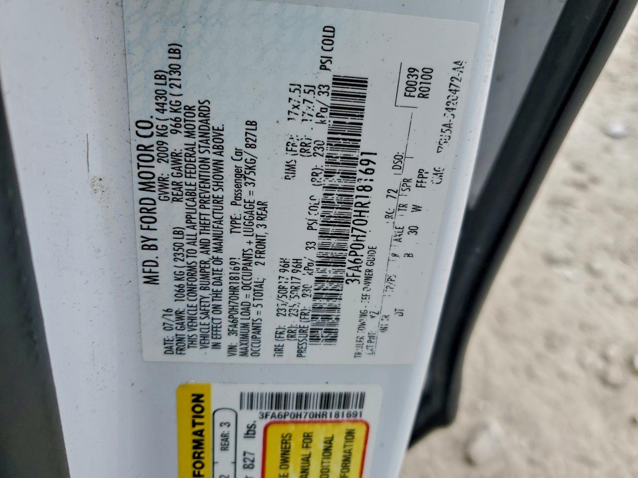 2017 Ford Fusion Se VIN: 3FA6P0H70HR181691 Lot: 93344385