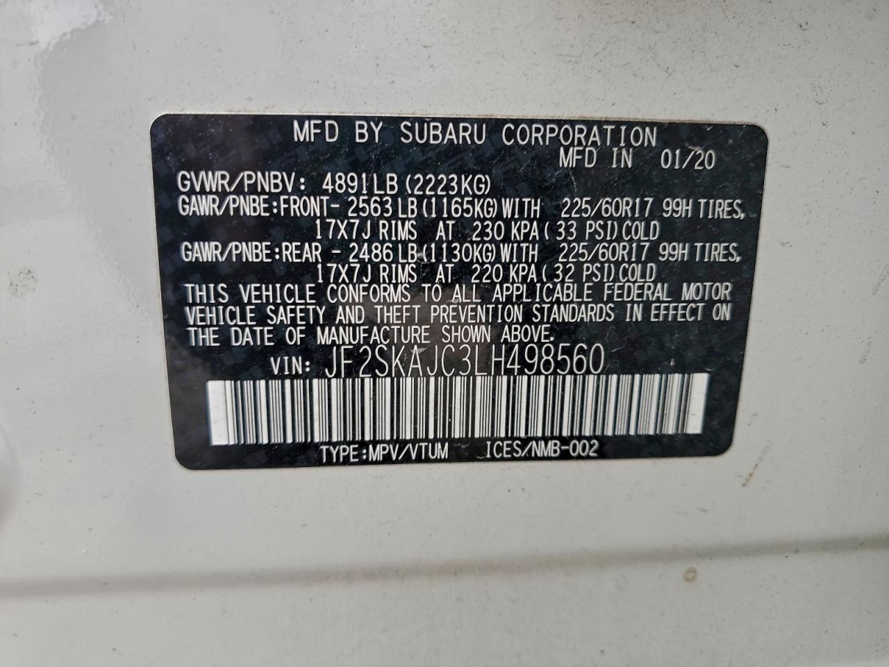 2020 Subaru Forester Premium VIN: JF2SKAJC3LH498560 Lot: 93521855