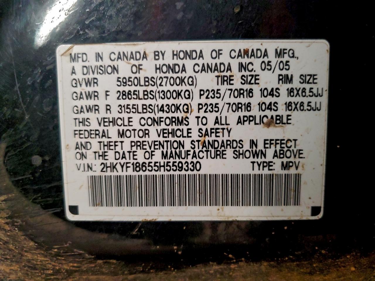 2005 Honda Pilot Exl VIN: 2HKYF18655H559330 Lot: 92625445