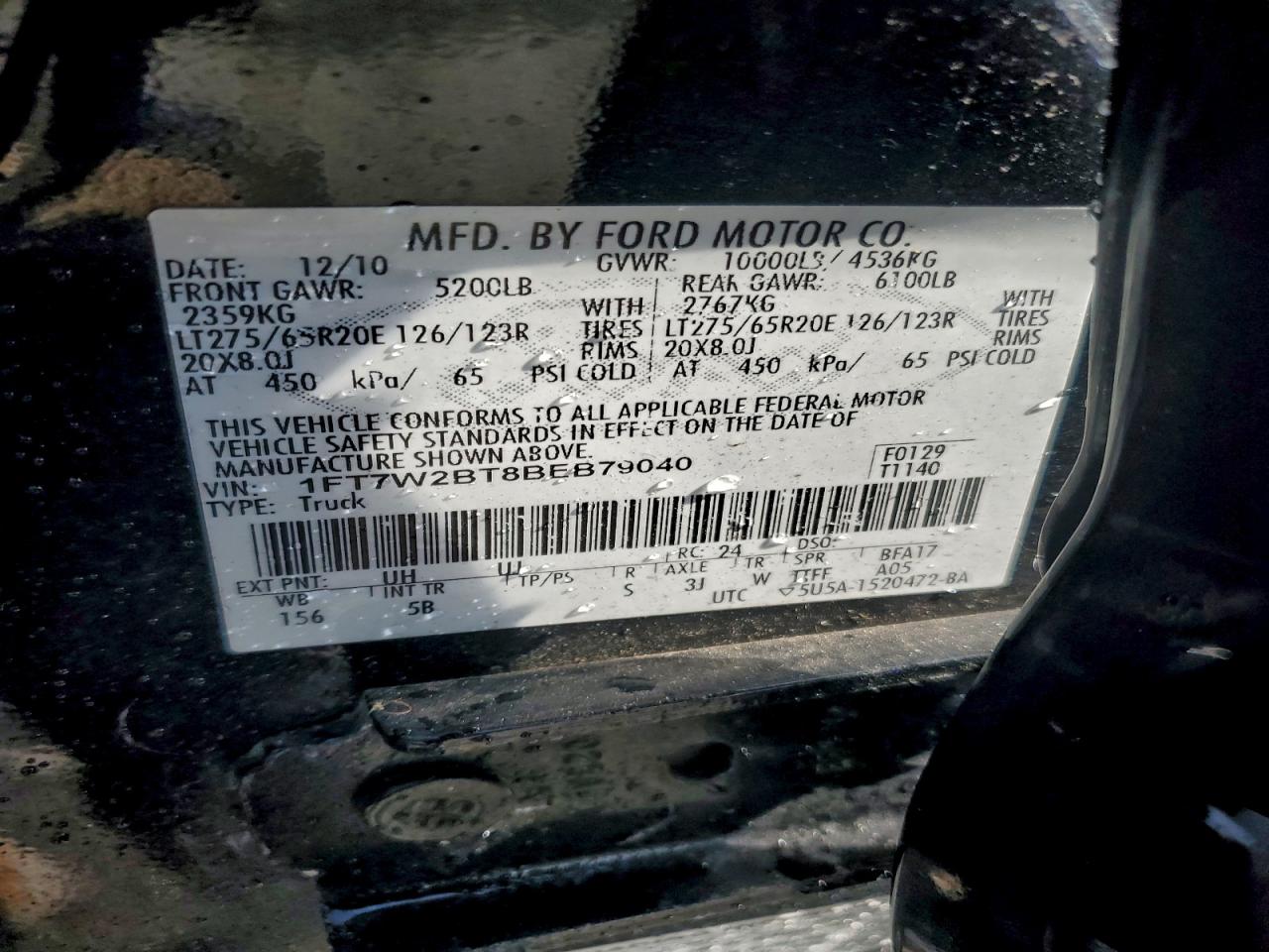 2011 Ford F250 Super Duty VIN: 1FT7W2BT8BEB79040 Lot: 94152685