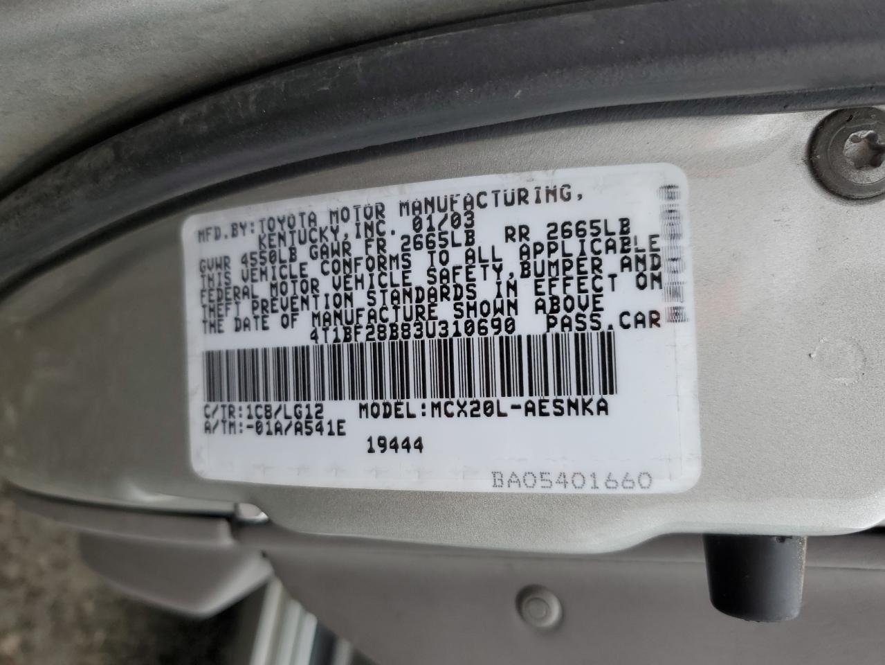 2003 Toyota Avalon Xl VIN: 4T1BF28B83U310690 Lot: 93054125