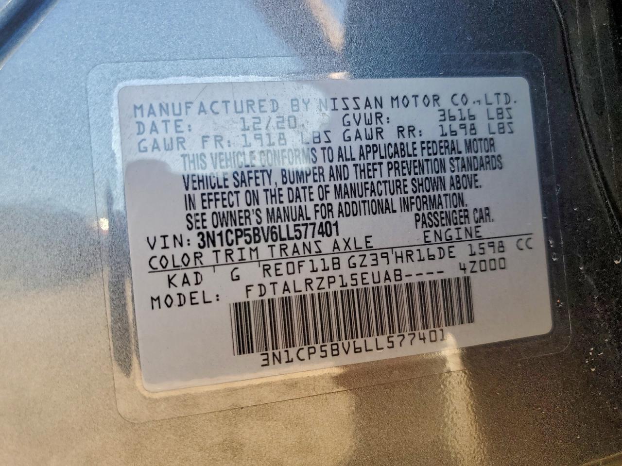 2020 Nissan Kicks S VIN: 3N1CP5BV6LL577401 Lot: 94043505