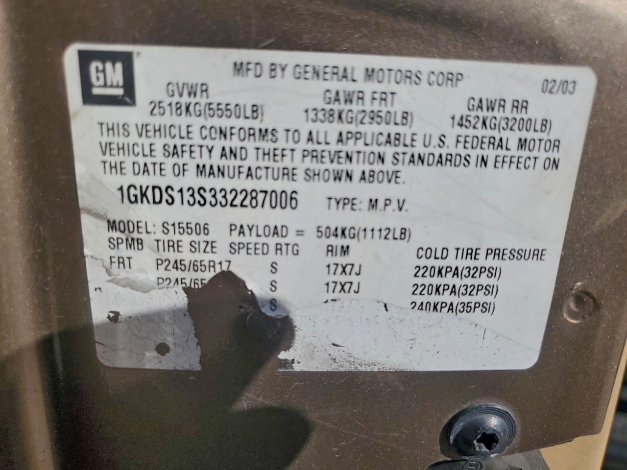 2003 GMC Envoy VIN: 1GKDS13S332287006 Lot: 94423685