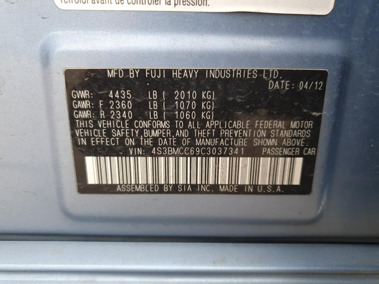 2012 Subaru Legacy 2.5I Premium VIN: 4S3BMCC69C3037341 Lot: 87048205