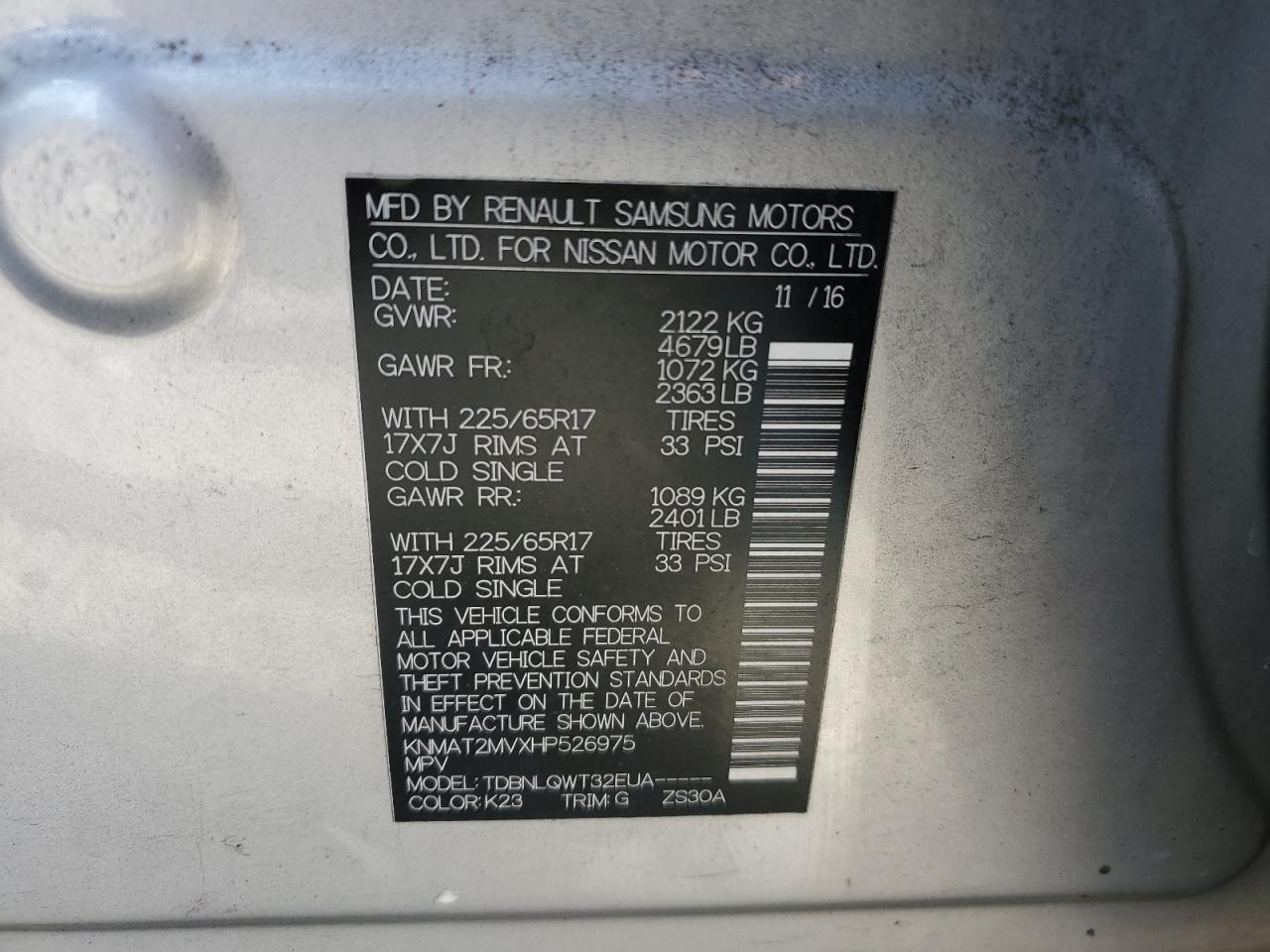 2017 Nissan Rogue S VIN: KNMAT2MVXHP526975 Lot: 92634965