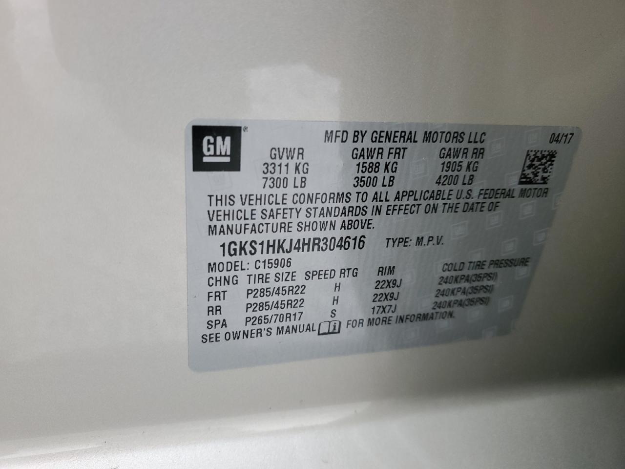 2017 GMC Yukon Xl Denali VIN: 1GKS1HKJ4HR304616 Lot: 92692615