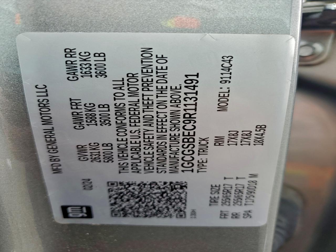 2024 Chevrolet Colorado VIN: 1GCGSBEC9R1131491 Lot: 93302995