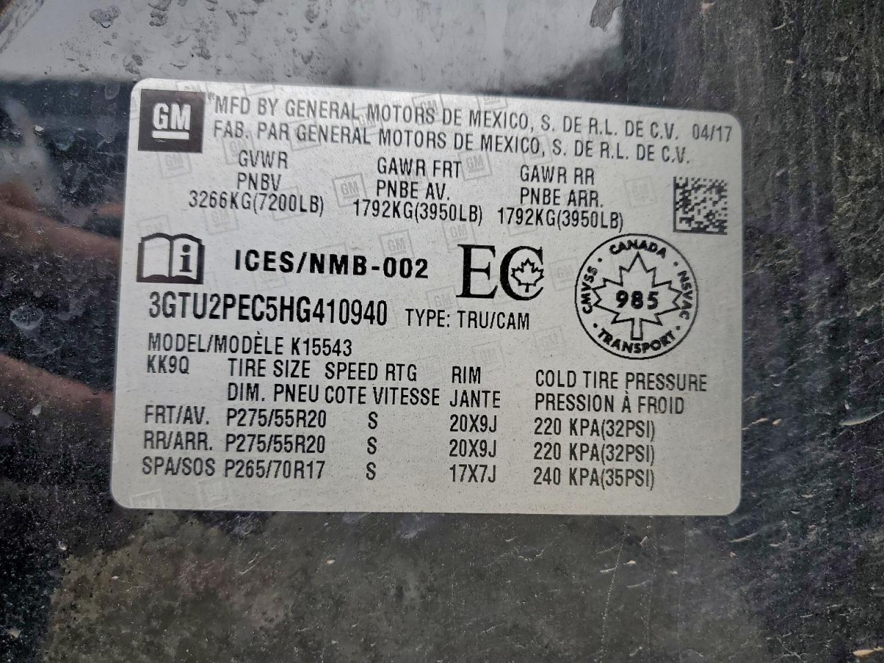 2017 GMC Sierra K1500 Denali VIN: 3GTU2PEC5HG410940 Lot: 94291245