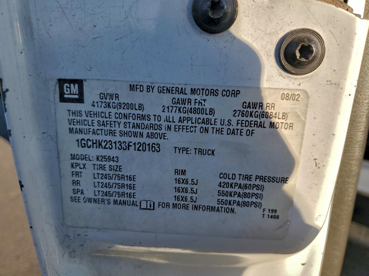 2003 Chevrolet Silverado K2500 Heavy Duty VIN: 1GCHK23133F120163 Lot: 90678135