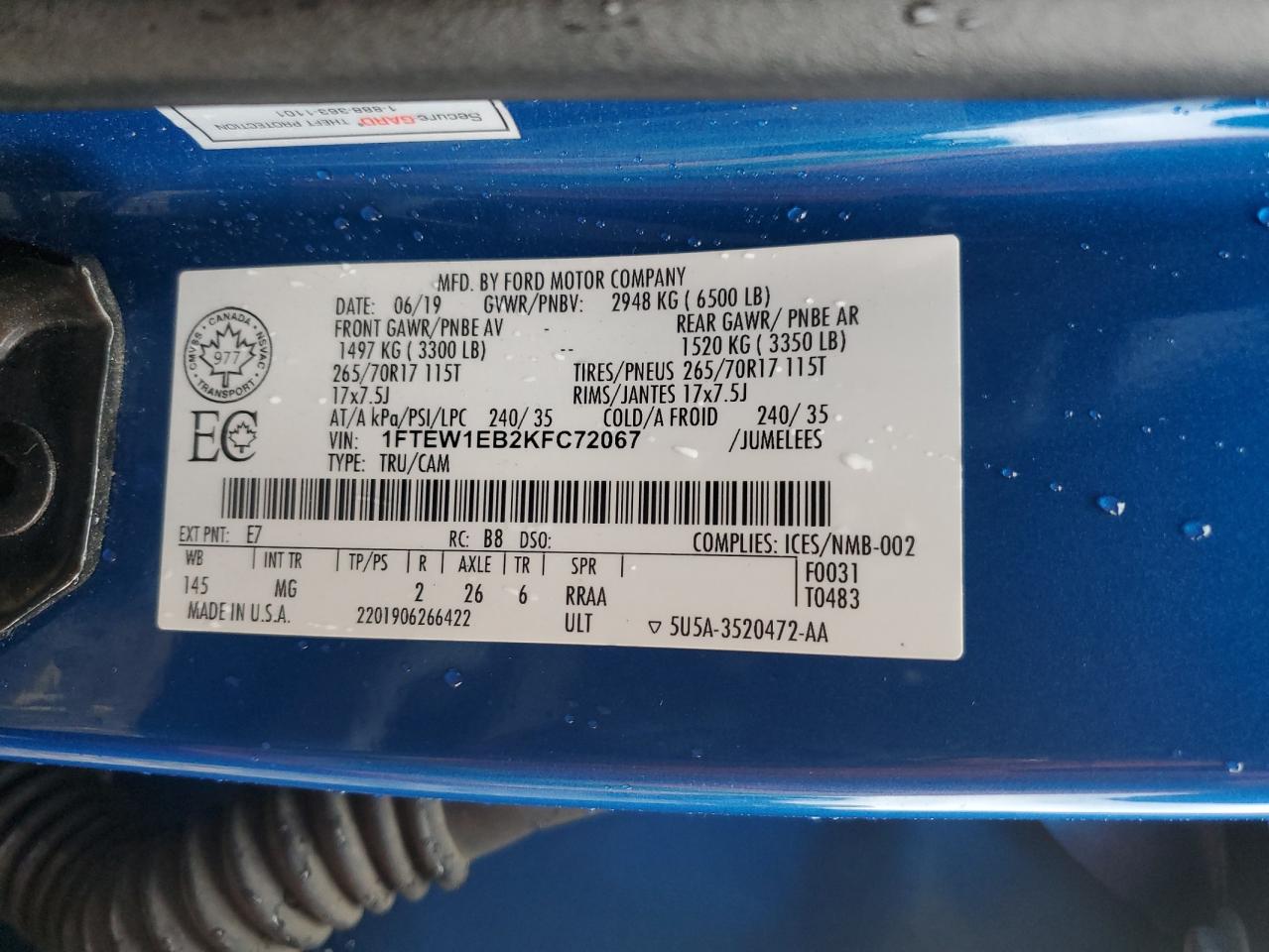 2019 Ford F150 Supercrew VIN: 1FTEW1EB2KFC72067 Lot: 90413245