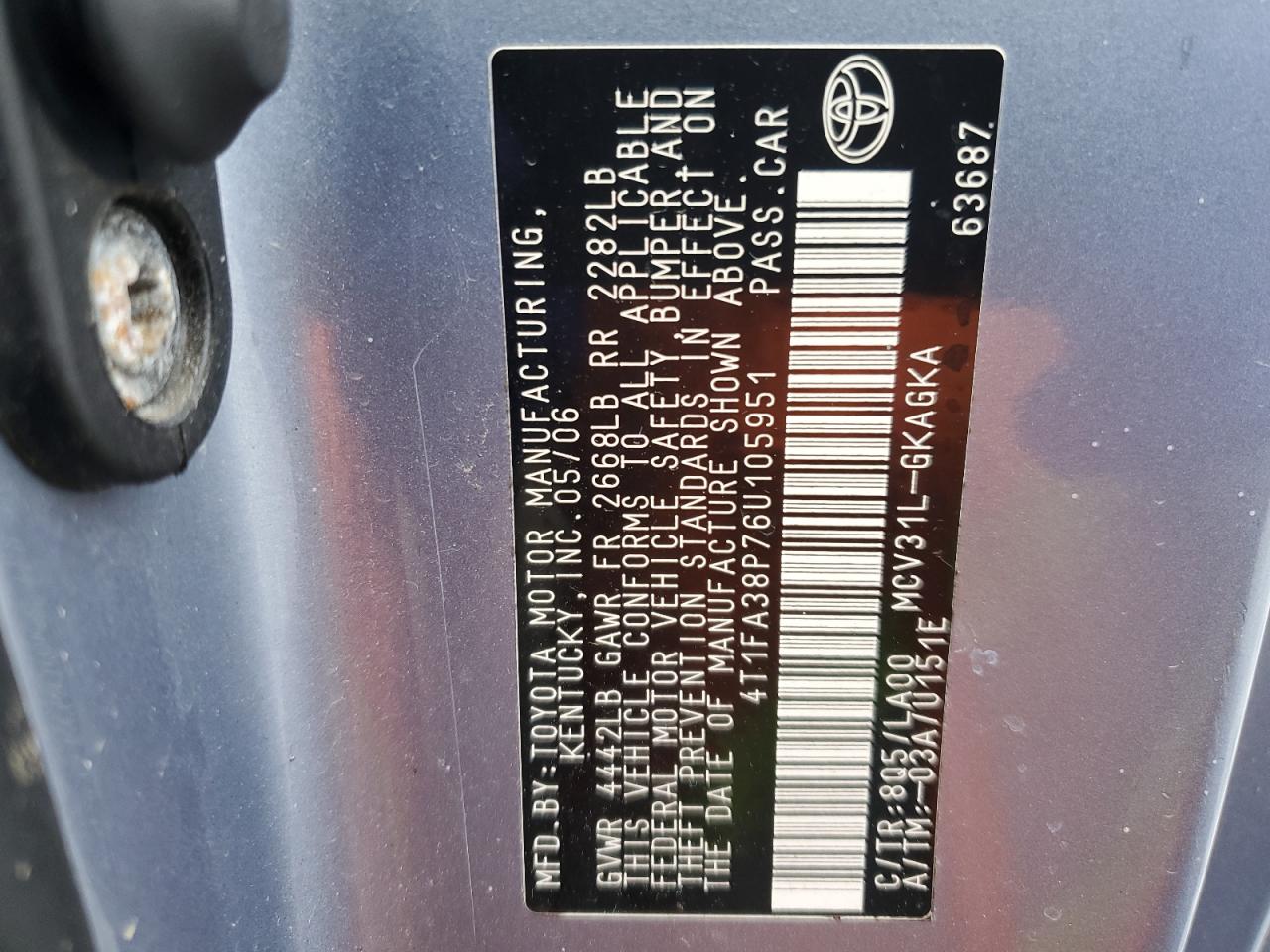 2006 Toyota Camry Solara Se VIN: 4T1FA38P76U105951 Lot: 93883995