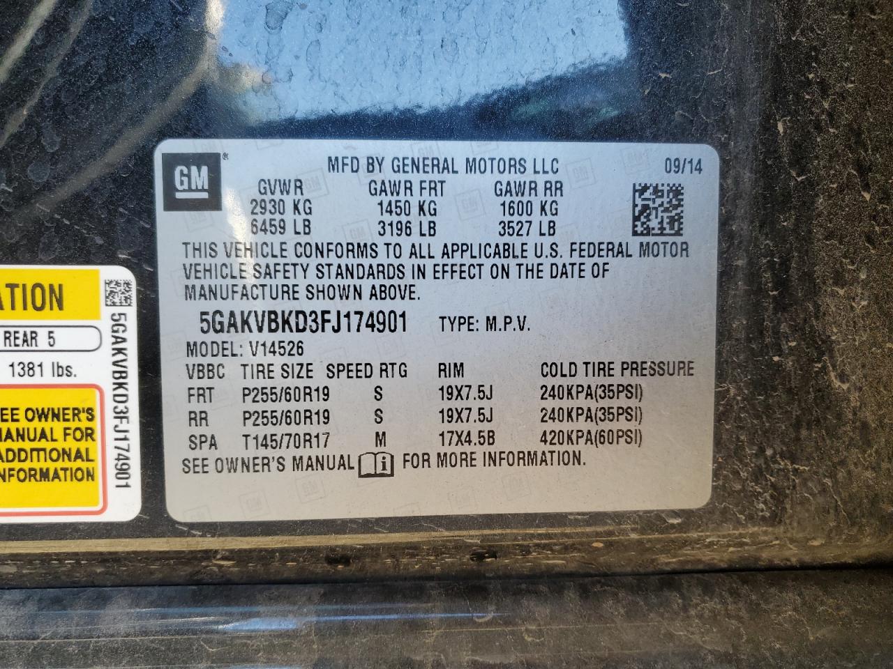 2015 Buick Enclave VIN: 5GAKVBKD3FJ174901 Lot: 91765925