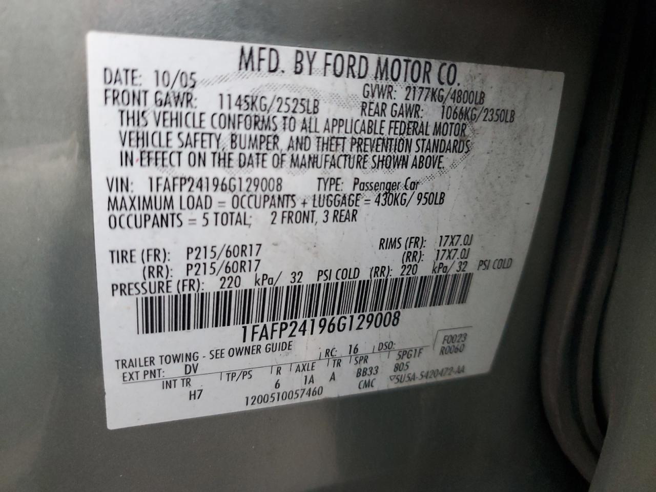 2006 Ford Five Hundred Sel VIN: 1FAFP24196G129008 Lot: 92418215