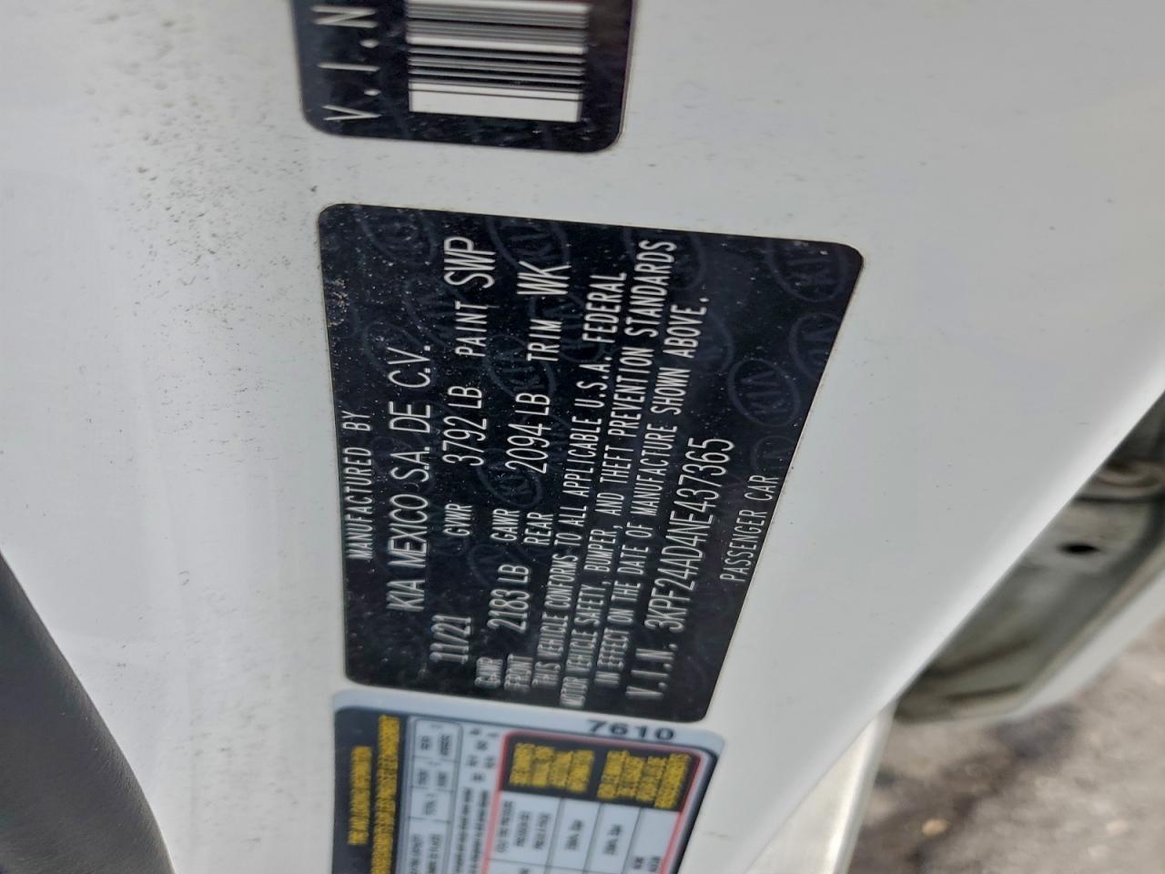 2022 Kia Forte Fe VIN: 3KPF24AD4NE437365 Lot: 92511845