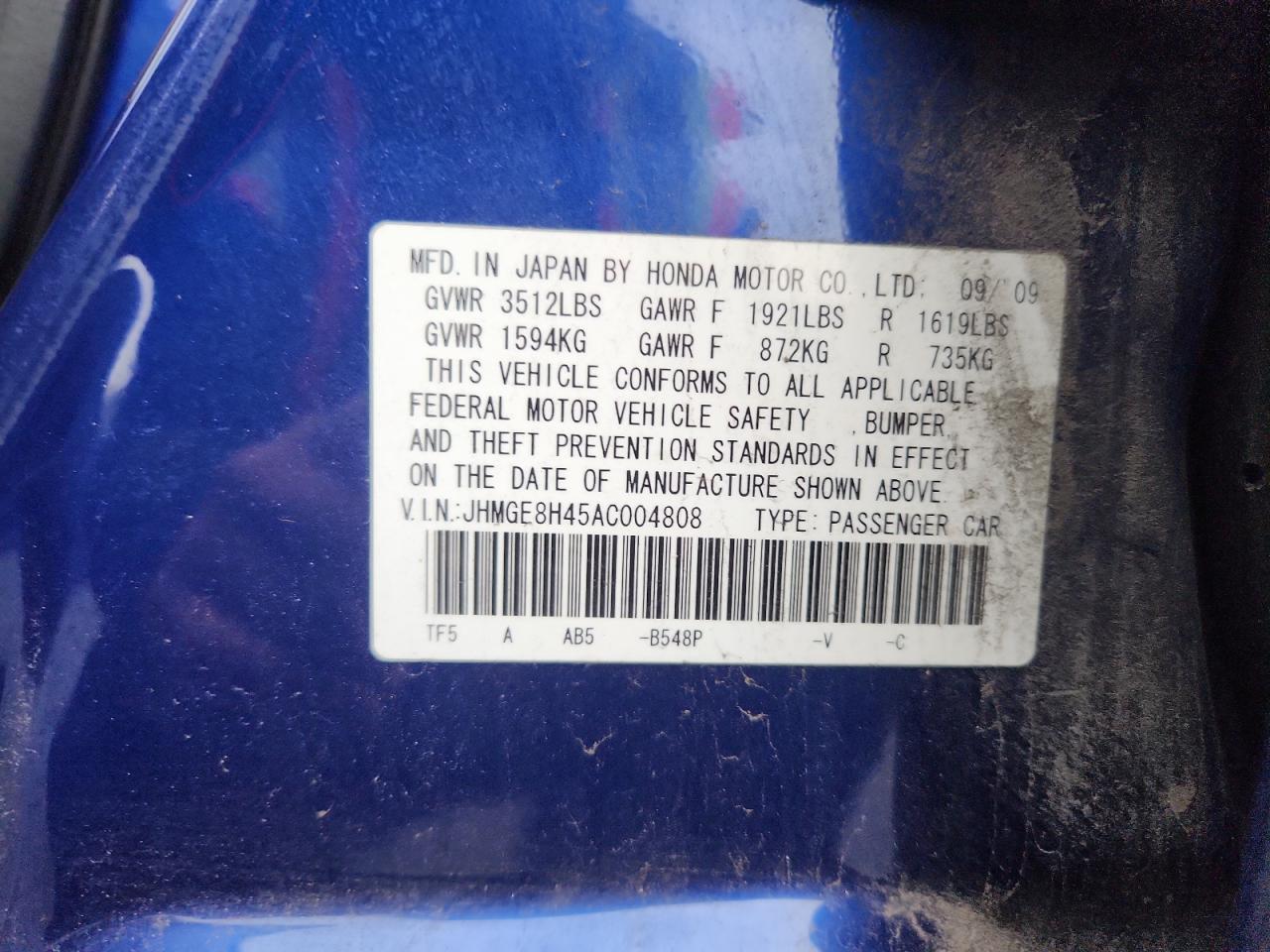 2010 Honda Fit Sport VIN: JHMGE8H45AC004808 Lot: 91927895