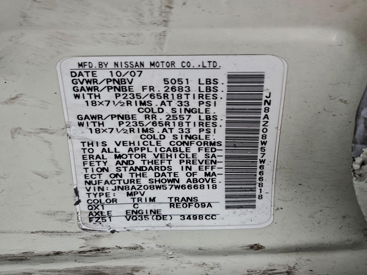 2007 Nissan Murano Sl VIN: JN8AZ08W57W666818 Lot: 93501915