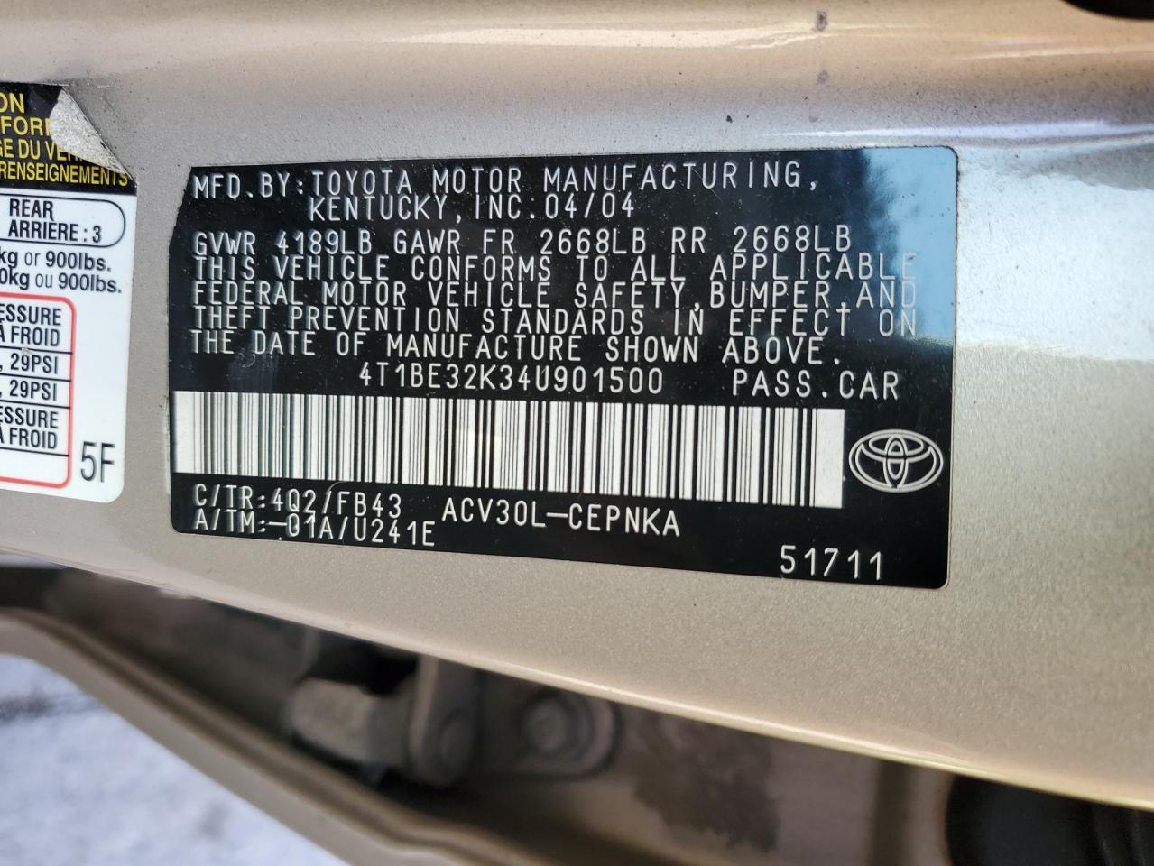 2004 Toyota Camry Le VIN: 4T1BE32K34U901500 Lot: 93432095