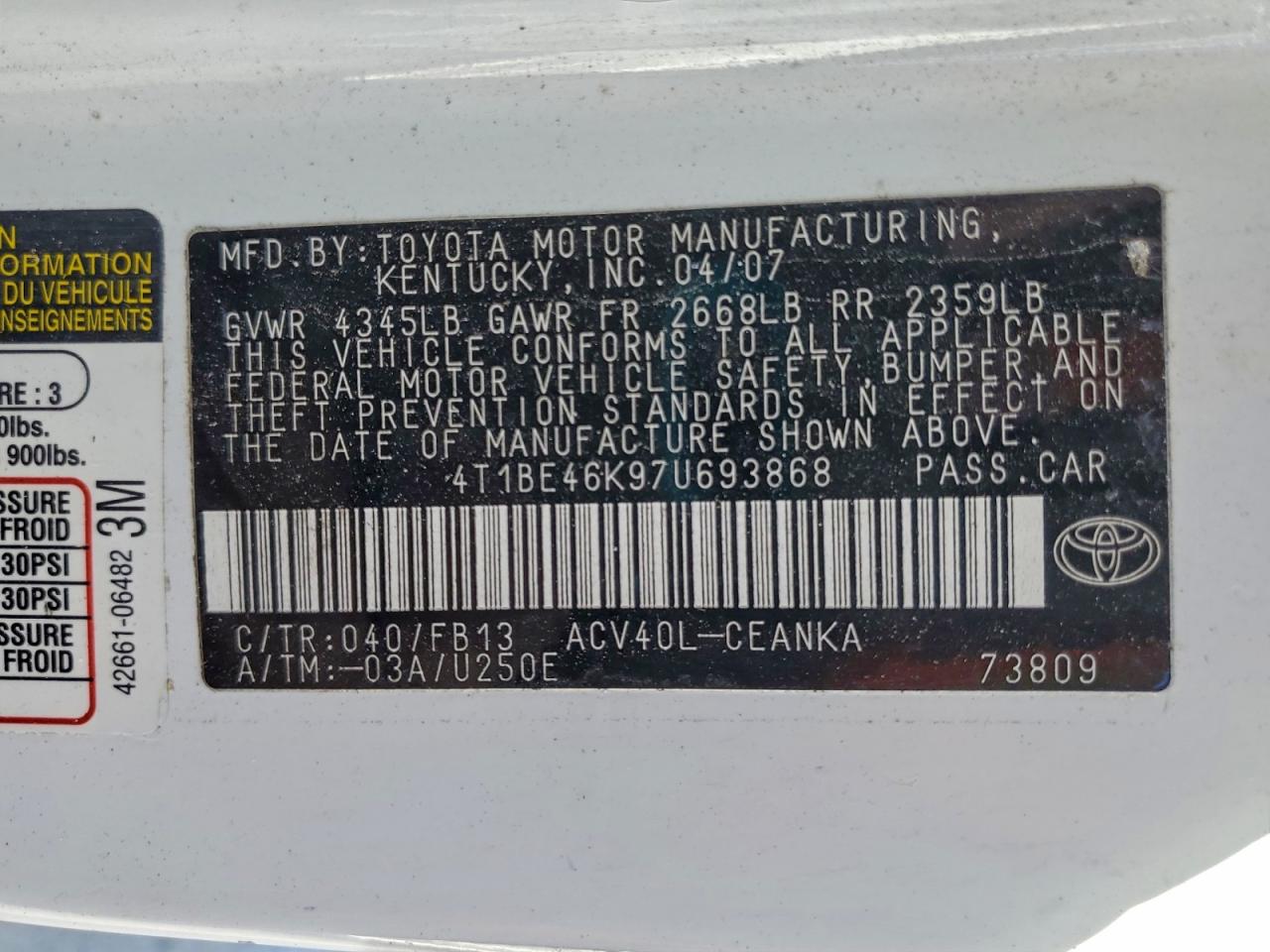 2007 Toyota Camry Ce VIN: 4T1BE46K97U693868 Lot: 93770965