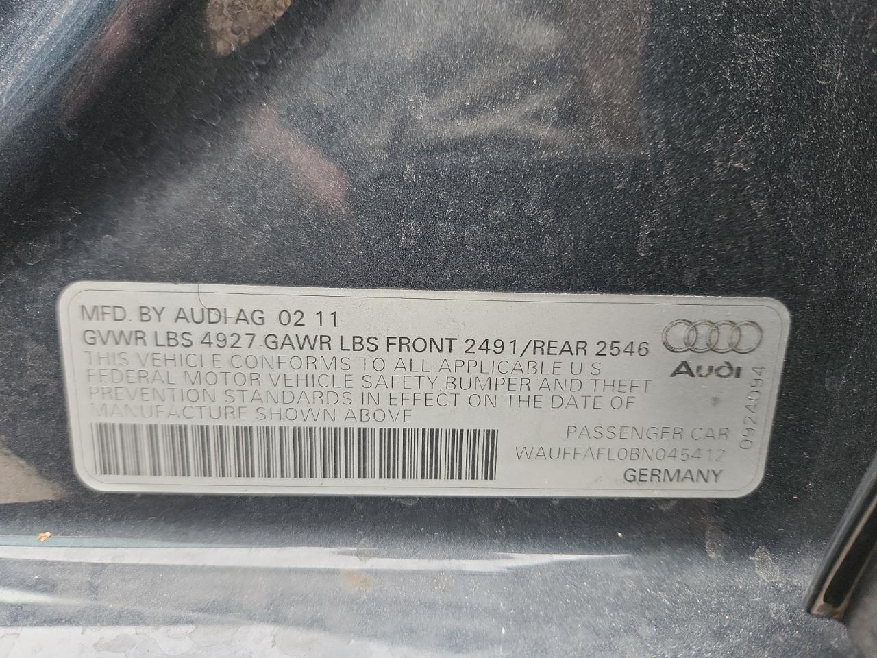 2011 Audi A4 Premium Plus VIN: WAUFFAFL0BN045412 Lot: 91974375