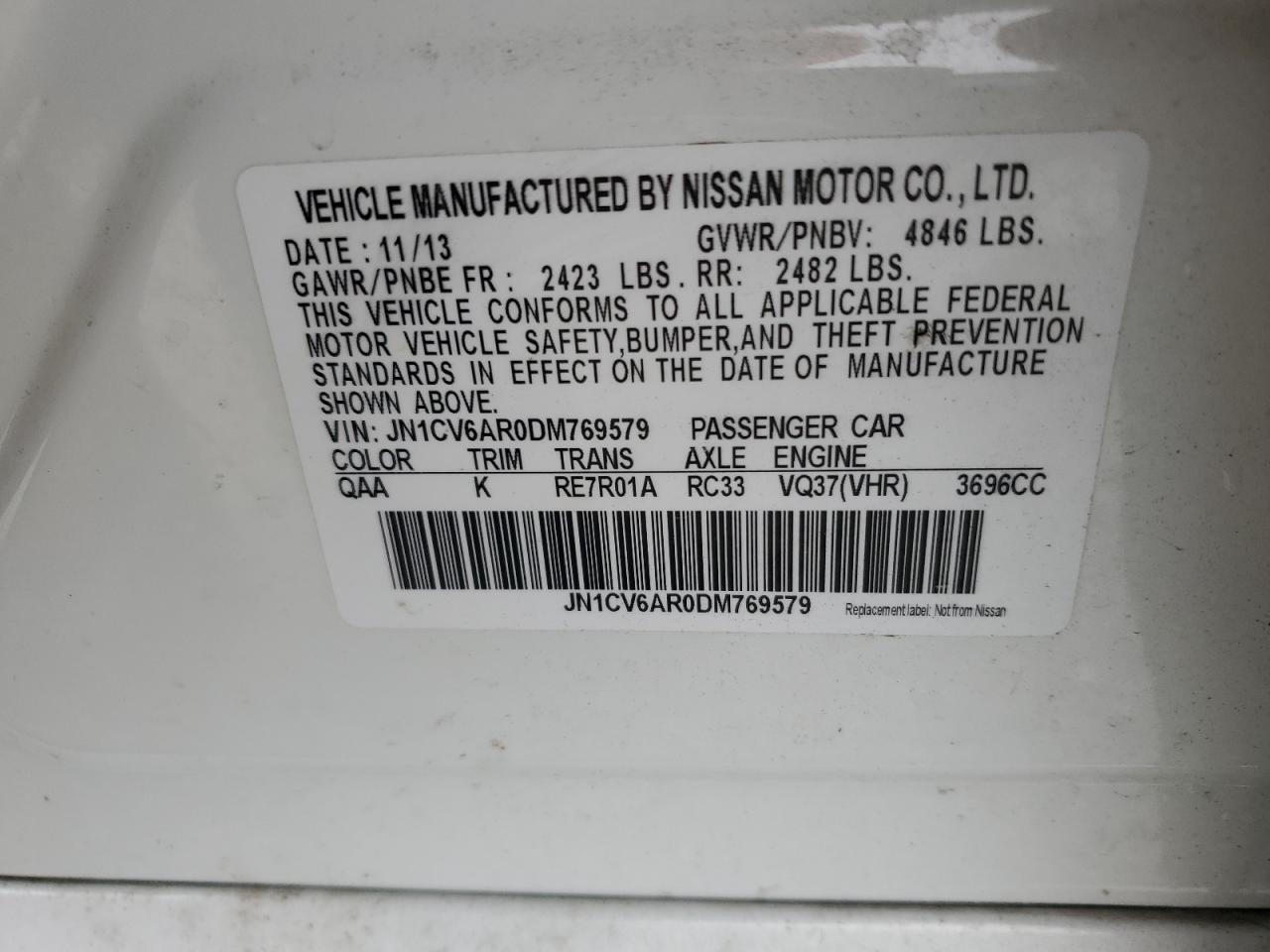 2013 Infiniti G37 VIN: JN1CV6AR0DM769579 Lot: 89589605