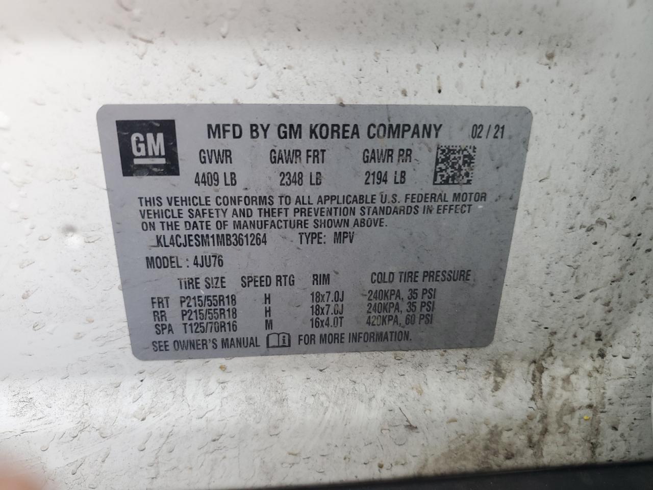 2021 Buick Encore Preferred VIN: KL4CJESM1MB361264 Lot: 90755475