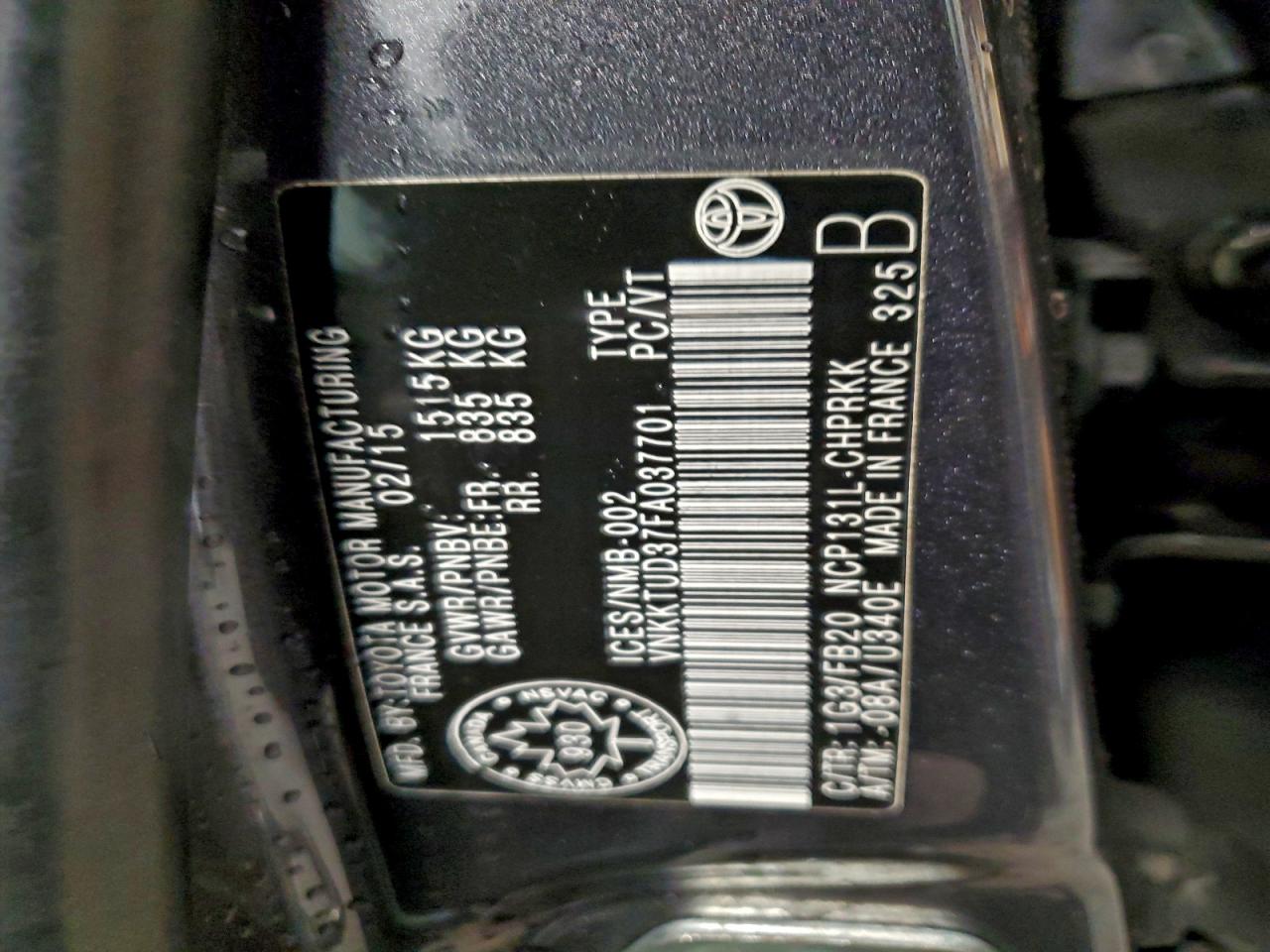 2015 Toyota Yaris VIN: VNKKTUD37FA037701 Lot: 93276365