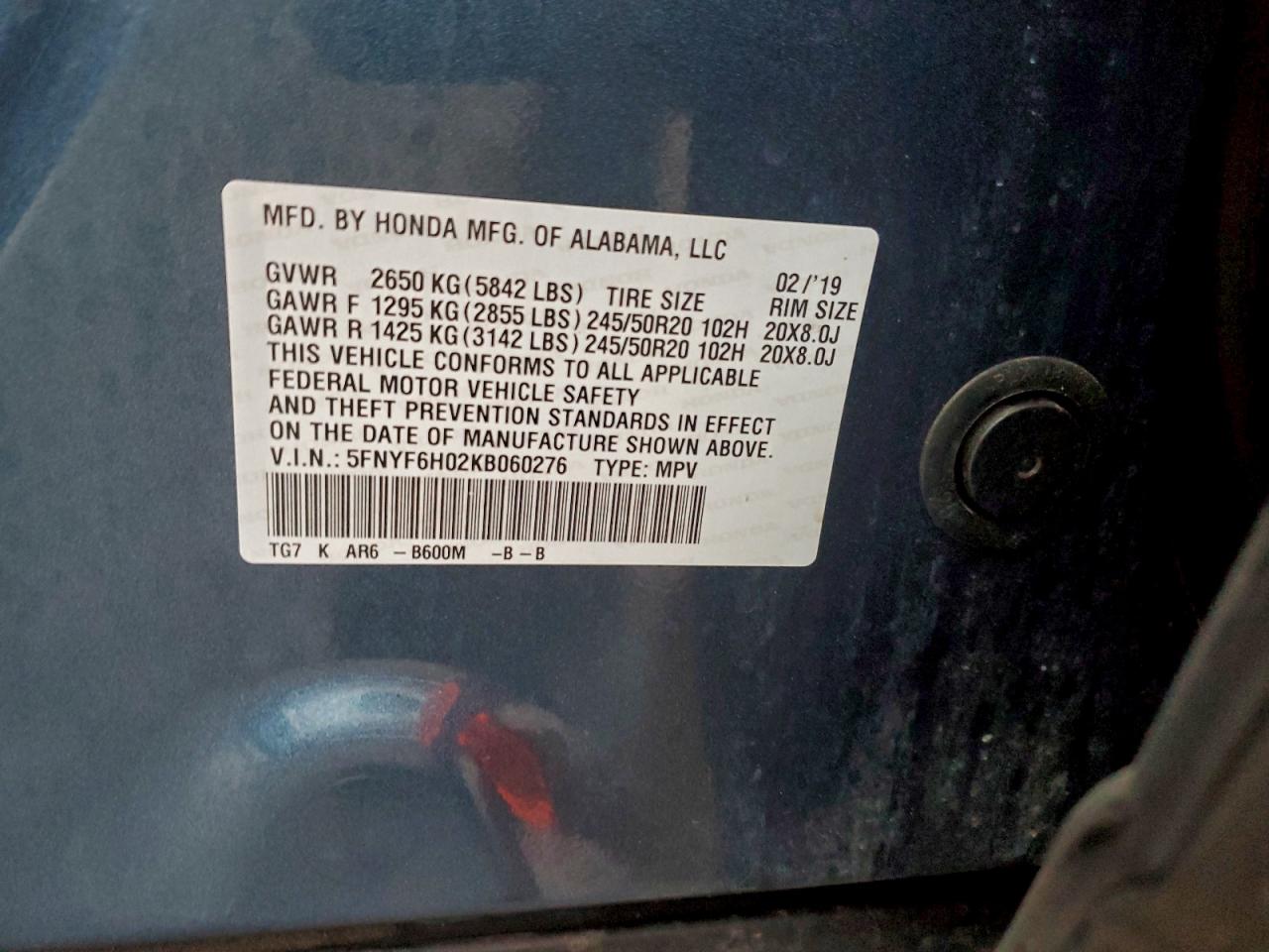 2019 Honda Pilot Elite VIN: 5FNYF6H02KB060276 Lot: 94111305