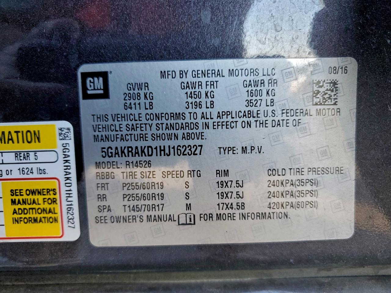 2017 Buick Enclave VIN: 5GAKRAKD1HJ162327 Lot: 94185725