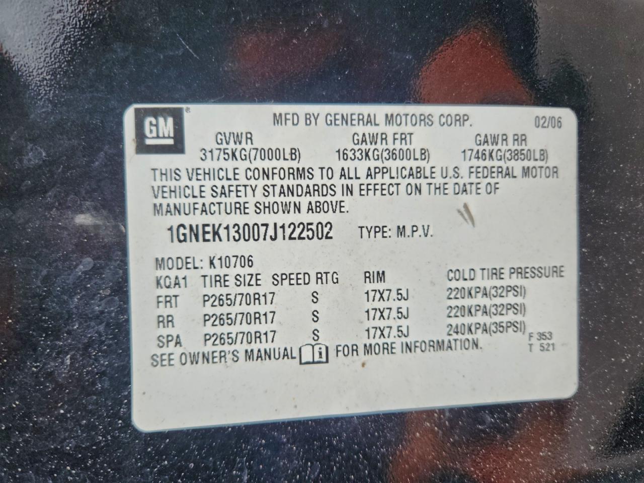 2007 Chevrolet Tahoe K1500 VIN: 1GNEK13007J122502 Lot: 94151105