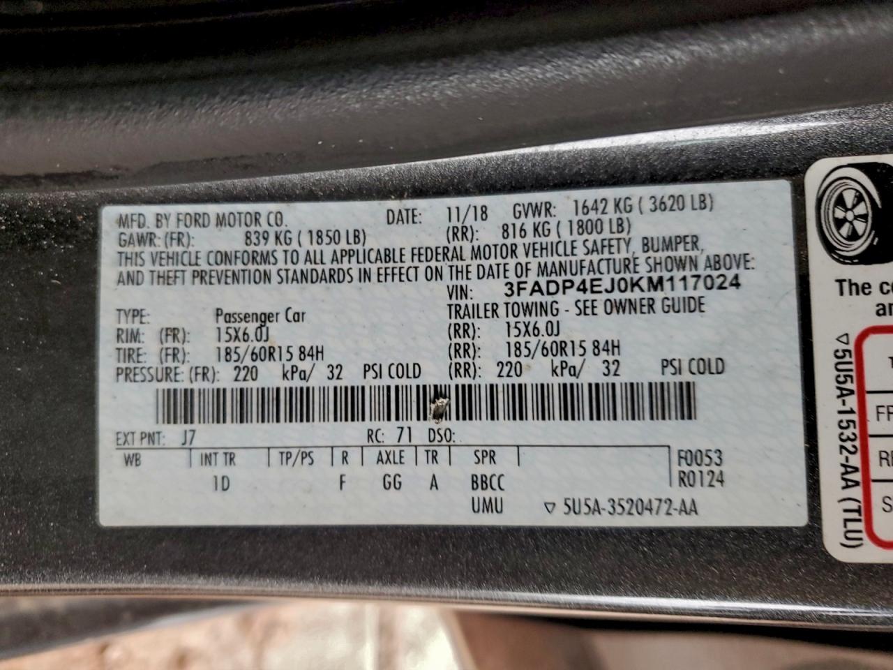 2019 Ford Fiesta Se VIN: 3FADP4EJ0KM117024 Lot: 93683435