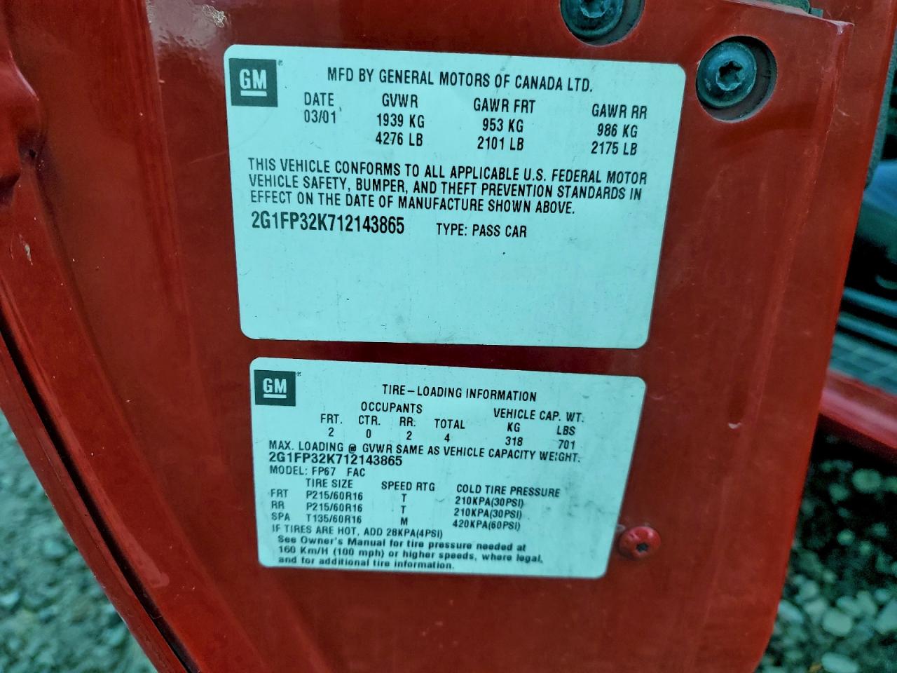 2001 Chevrolet Camaro VIN: 2G1FP32K712143865 Lot: 93510245