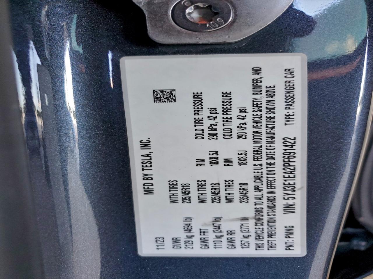 2023 Tesla Model 3 VIN: 5YJ3E1EA2PF691422 Lot: 92718665