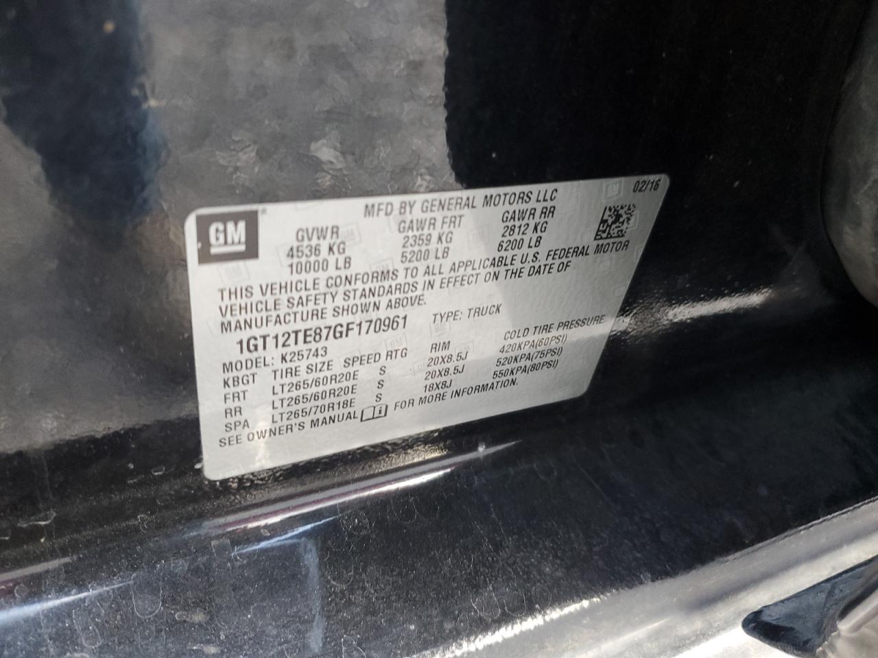 2016 GMC Sierra K2500 Slt VIN: 1GT12TE87GF170961 Lot: 92166685