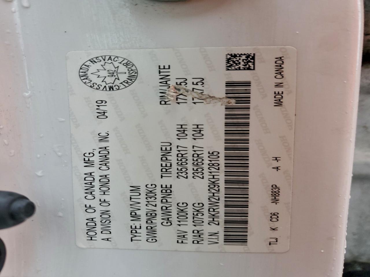 2019 Honda Cr-V Lx VIN: 2HKRW2H29KH128105 Lot: 94538975